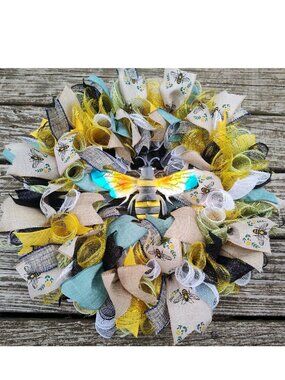 Handmade Seasonal Deco Mesh/Ribbon Wreath Summer Bumblebee Yellow Black Blue